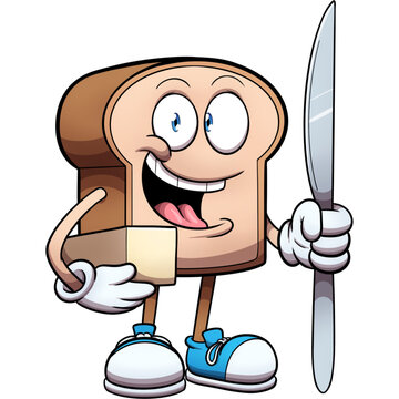 Cartoon bread character with knife and butter. Vector clip art illustration with simple gradients. All in one single layer.