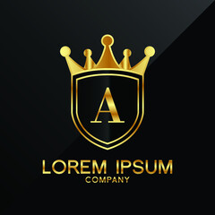 Letter A crest logo Alphabet logotype shield crown gold vector design