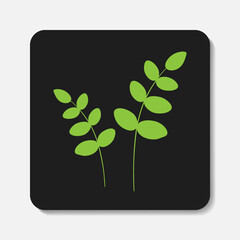 Floral flat icon. Stylized green branch with green leaves on black background. Best for web, print, logo creating and branding design.
