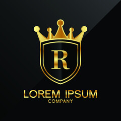 Letter R crest logo Alphabet logotype shield crown gold vector design
