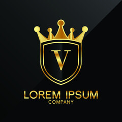 Letter V crest logo Alphabet logotype shield crown gold vector design