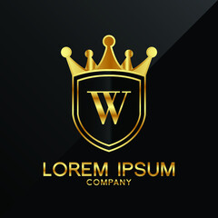 Letter W crest logo Alphabet logotype shield crown gold vector design