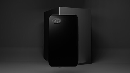3d render of a black smartphone in front of a black block against a plain black backdrop
