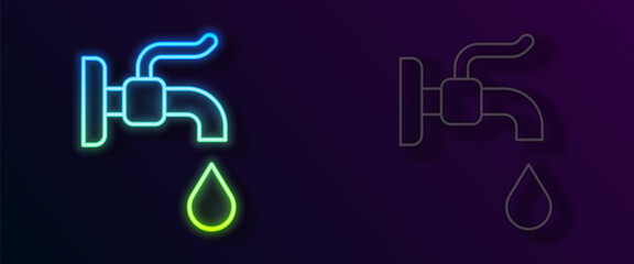 Glowing neon line Water tap icon isolated on black background. Vector