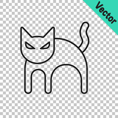 Black line Black cat icon isolated on transparent background. Happy Halloween party. Vector
