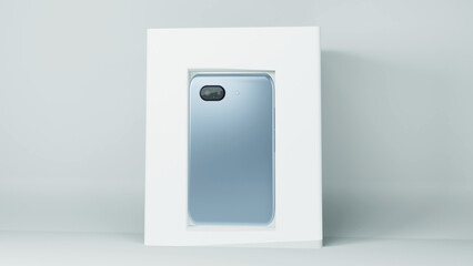 3D render of a a blue metallic smartphone nestled inside a white box against a plain white background