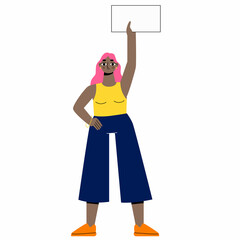 Young black woman standing and holding up a blank white sign with place for text. Vector illustration