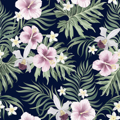 	
Tropical vector seamless background. Jungle pattern with exotic flowers and palm leaves. Stock vector. Summer vector vintage wallpaper.	
