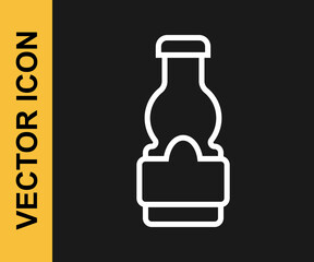 White line Sauce bottle icon isolated on black background. Ketchup, mustard and mayonnaise bottles with sauce for fast food. Vector