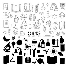 Vector set of sience and education elements, outlines and silhouettes isolated on white. Biology, chemistry, physics, astronomy. Back to shcool collection. Laboratory items. Medecine elements. 