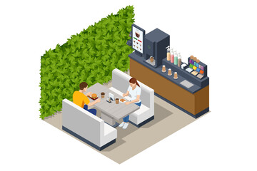 Isometric self-service coffee machines offer consistent quality coffee. Vending machine with coffee in the supermarket, Tables with chairs.
