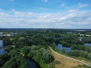 Fototapeta na wymiar Aerial view of rivers, lakes and woodland in Hertfordshire