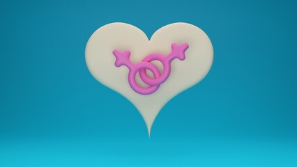 two pink female gender symbols on a heart frame depict LGBTQ same-sex lesbian marriage concept. 3d render illustration
