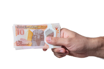 Egyptian Money, Man Paying, Paper Banknotes, Plastic New Ten Egyptian Pound, English Side