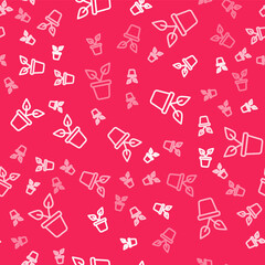 White line Plant in pot icon isolated seamless pattern on red background. Plant growing in a pot. Potted plant sign. Vector