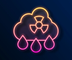 Glowing neon line Acid rain and radioactive cloud icon isolated on black background. Effects of toxic air pollution on the environment. Vector
