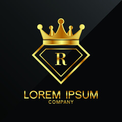 Gold Diamond and Crown R Letter Logo Design vector Template