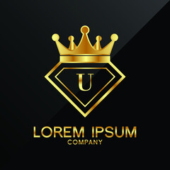 Gold Diamond and Crown U Letter Logo Design vector Template