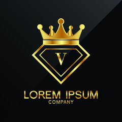 Gold Diamond and Crown V Letter Logo Design vector Template