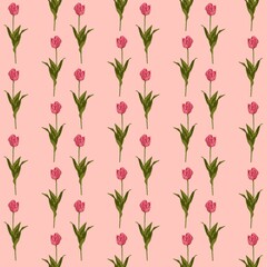 Colorful tulip flower seamless pattern in abstract hand drawn style. Repeating floral illustration for summer fabric, decoration, clothe, textile, ornament, cover, wallpaper, poster, fashion design.