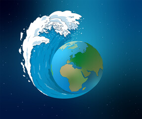 Illustration vectorielle représentant la planète submergée par un tsunami géant. Catastrophe naturelle provoquée par le réchauffement climatique. - obrazy, fototapety, plakaty