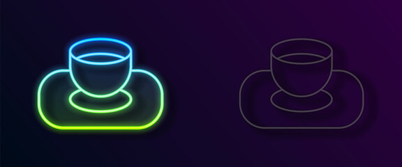 Glowing neon line Soy sauce in bowl icon isolated on black background. Vector