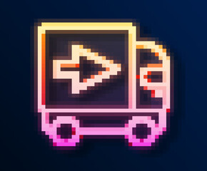 Glowing neon line Delivery cargo truck vehicle icon isolated on black background. Vector