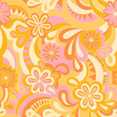 Psychedelic hippie seamless pattern. Vector nostalgic retro 60s groovy print. Vintage 70s wavy background. Textile and surface design with old fashioned hand drawn abstract floralel ements