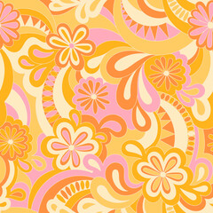 Psychedelic hippie seamless pattern. Vector nostalgic retro 60s groovy print. Vintage 70s wavy background. Textile and surface design with old fashioned hand drawn abstract floralel ements