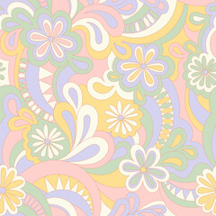 Psychedelic hippie seamless pattern. Vector nostalgic retro 60s groovy print. Vintage 70s wavy background. Textile and surface design with old fashioned hand drawn abstract floralel ements