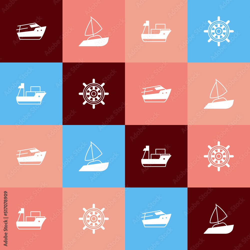 Sticker Set pop art Speedboat, Yacht sailboat, Cargo ship and Ship steering wheel icon. Vector