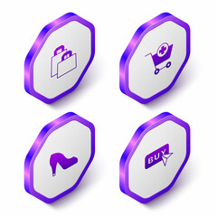 Set Isometric Paper shopping bag, Add to Shopping cart, Woman shoe and Buy button icon. Purple hexagon button. Vector