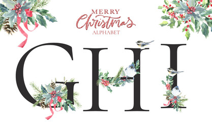 Watercolor black Christmas Winter forest Floral Alphabet letters GH,I with pine, holy berry,poinsettia. Woodland botanical Floral letters set element for baby shower invite, wedding monogram initials