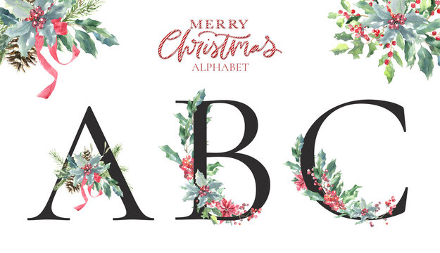 Watercolor black Christmas Winter forest Floral Alphabet letters A,B,C with pine, holy berry,poinsettia. Woodland botanical Floral letters set element for baby shower invite, wedding monogram initials