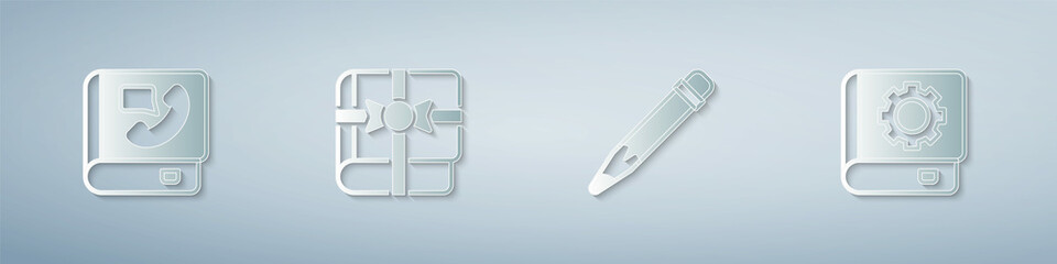Set Phone book, Book as a gift, Pencil with eraser and User manual. Paper art style. Vector