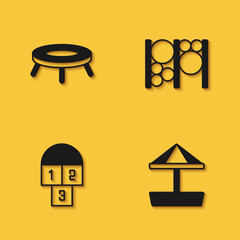 Set Jumping trampoline, Sandbox with sand, Hopscotch and Playground climbing equipment icon with long shadow. Vector