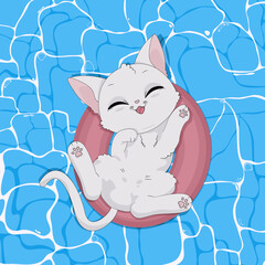 Biały kot bawiący się w wodzie, pływający w różowym dmuchanym kole. Kotek w basenie. Ręcznie rysowany uroczy mały kot na wakacjach. Letnia wektorowa ilustracja. - obrazy, fototapety, plakaty