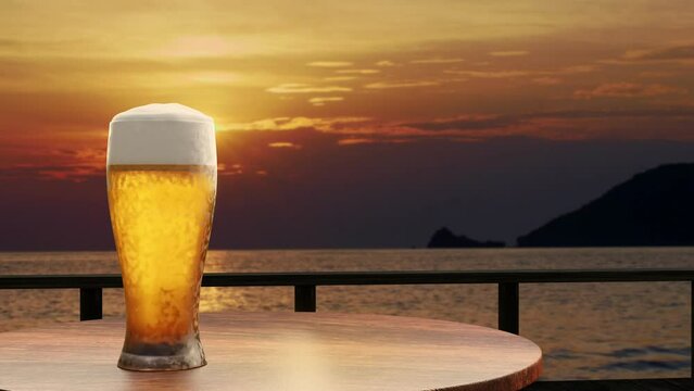 Draft beer or craft beer in tall glass with foam, placed on a wooden table on the balcony or terrace by the sea. Ocean views. The sun is rising in the morning. 3D rendering.
