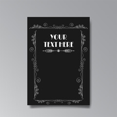 Fototapeta na wymiar Art Nuevo template golden-black white, A4 page, card, invitation, floral lines and swirls ornament