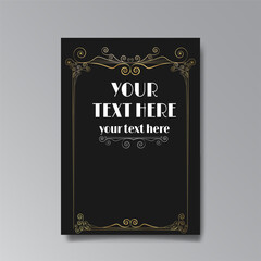 Art Nuevo template golden-black white, A4 page, card, invitation, floral lines and swirls ornament