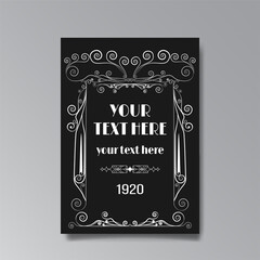 Art Nuevo template golden-black white, A4 page, card, invitation, floral lines and swirls ornament