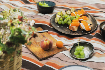 Summer picnic. Dining al fresco. Picnic outdoor activities. Ripe fruits and snacks on grass. Healthy plant based food, sustainability concept.