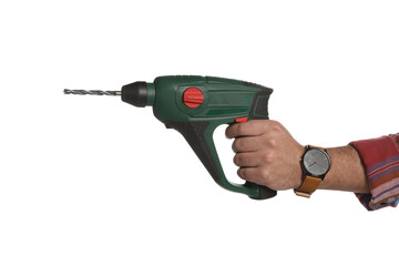 Naklejka premium Man with power drill on white background, closeup