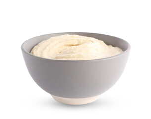 Tasty hummus in grey bowl isolated on white