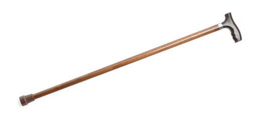 Elegant wooden walking cane isolated on white