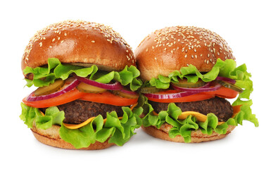 Yummy burgers with patties, cheese, fresh vegetables on white background. Fast food