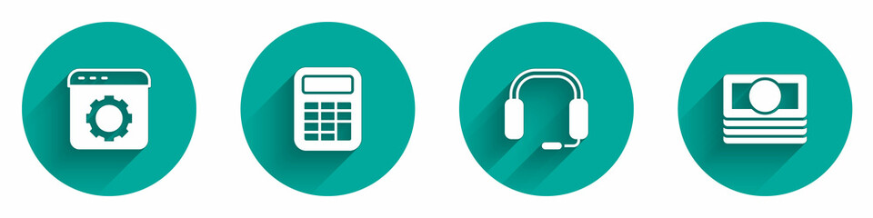 Set Browser setting, Calculator, Headphones and Stacks paper money cash icon with long shadow. Vector