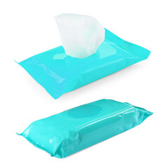Packs of wet wipes on white background, collage