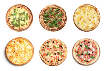 Set with different delicious pizzas on white background, top view