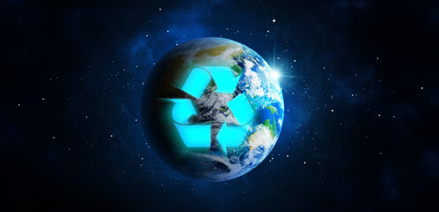 Obraz premium Illustration of recycling symbol and Earth in starry sky. Banner design
